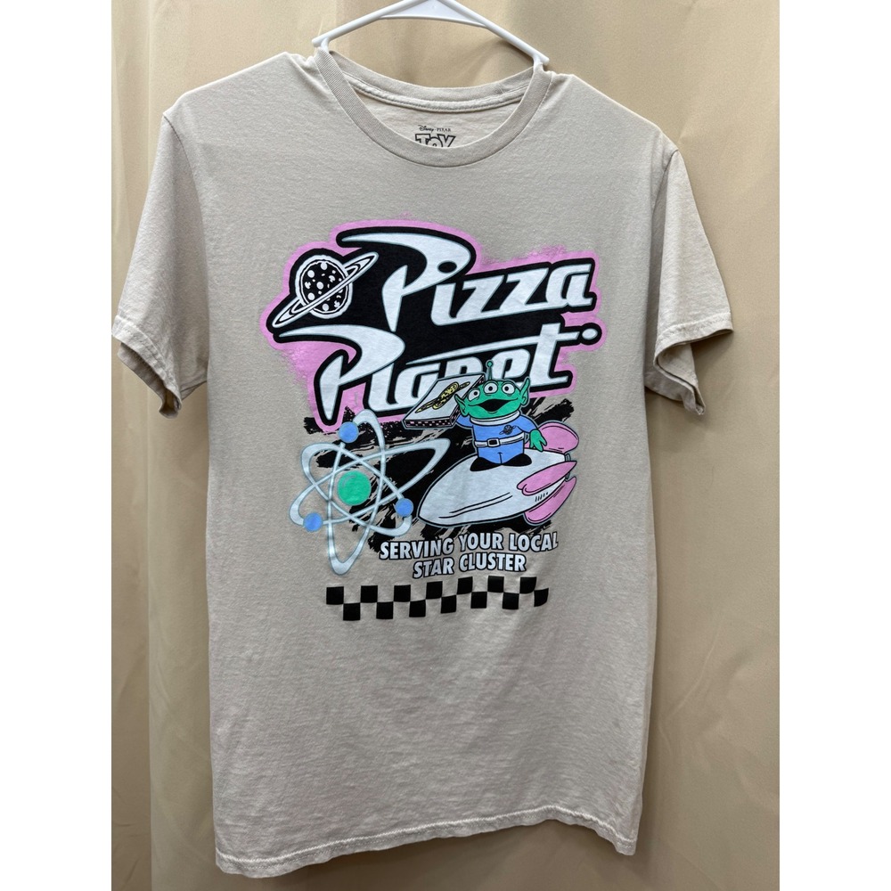 Disney‎ Pixar Toy Story Pizza Planet Alien Graphic Tee Tan Small Women Short Slv